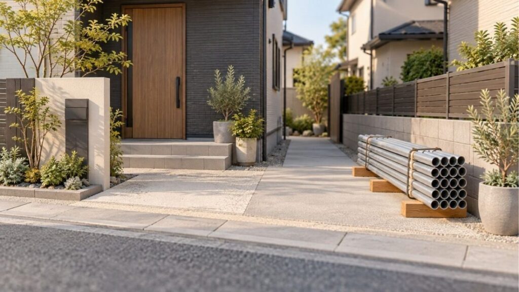 足場の組み立てには、搬入経路と隣家への配慮も必要になる